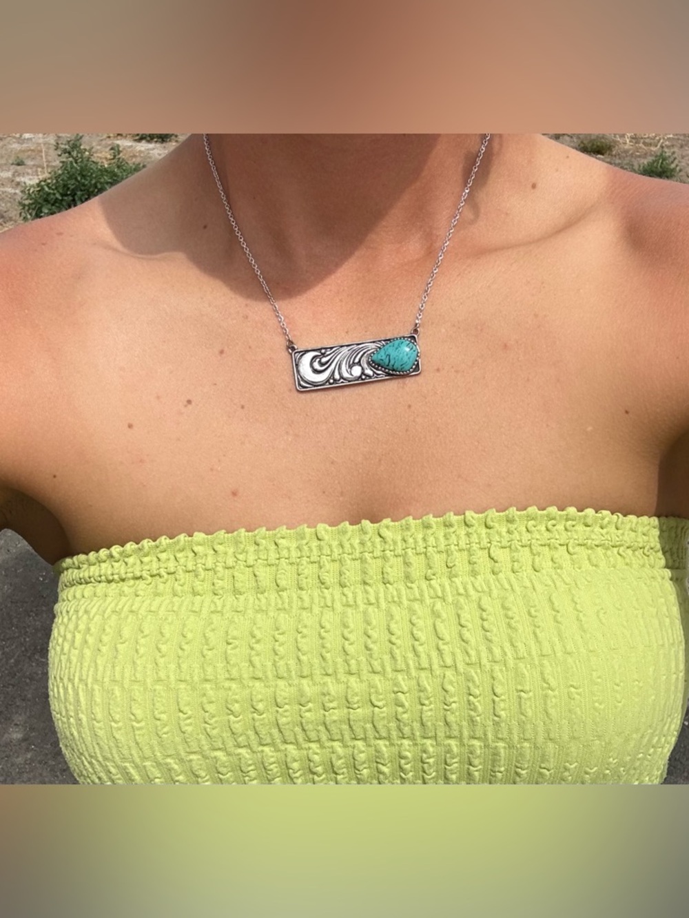 Silver Bar Necklace with Turquoise Stone - Women's Jewelry